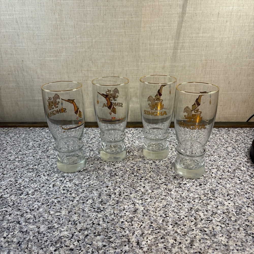Singha Beer Glasses W/Subanhongsa Royal Barge Set Of 4 Beer Glasses